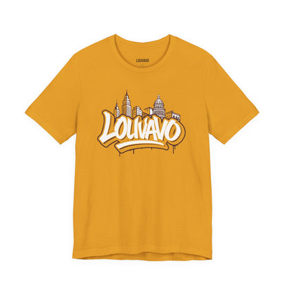 LOUVAVO Skyline Graffiti Unisex T-Shirt, Urban Streetwear Graphic Tee, Cityscape Design, Casual Gift