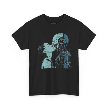 LOUVAVO Cyber Love T-Shirt  Futuristic Human and Robot Kiss Graphic Tee Urban Streetwear Sci-Fi Art Shirt for Men and Women