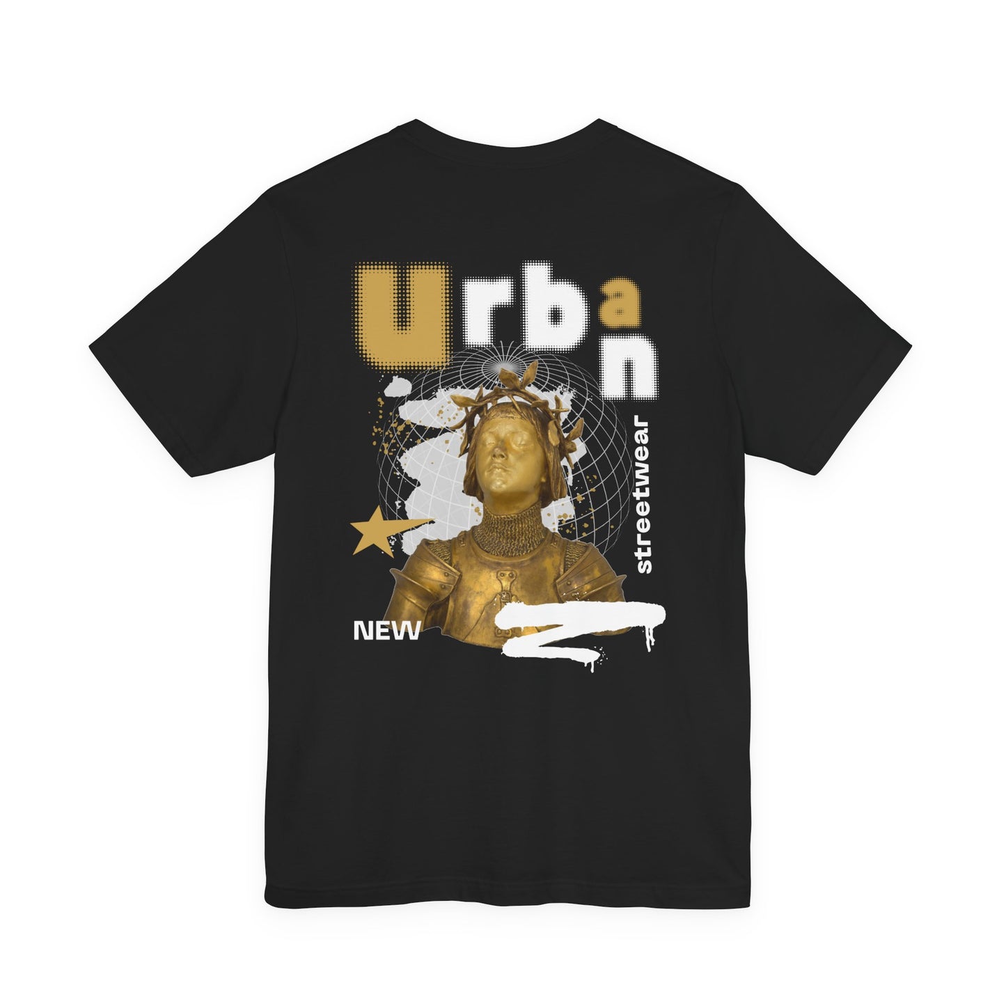 Urban Streetwear Graphic Tee - Gold Statue Art Print T Shirt - Black Unisex Casual Top