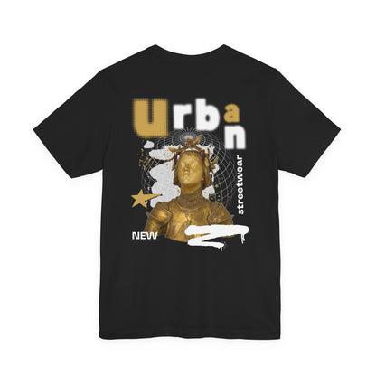 Urban Streetwear Graphic Tee - Gold Statue Art Print T Shirt - Black Unisex Casual Top