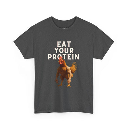 LOUVAVO Unisex Black T-Shirt – Eat Your Protein with Funny Rooster – Urban Casual & Fitness Style