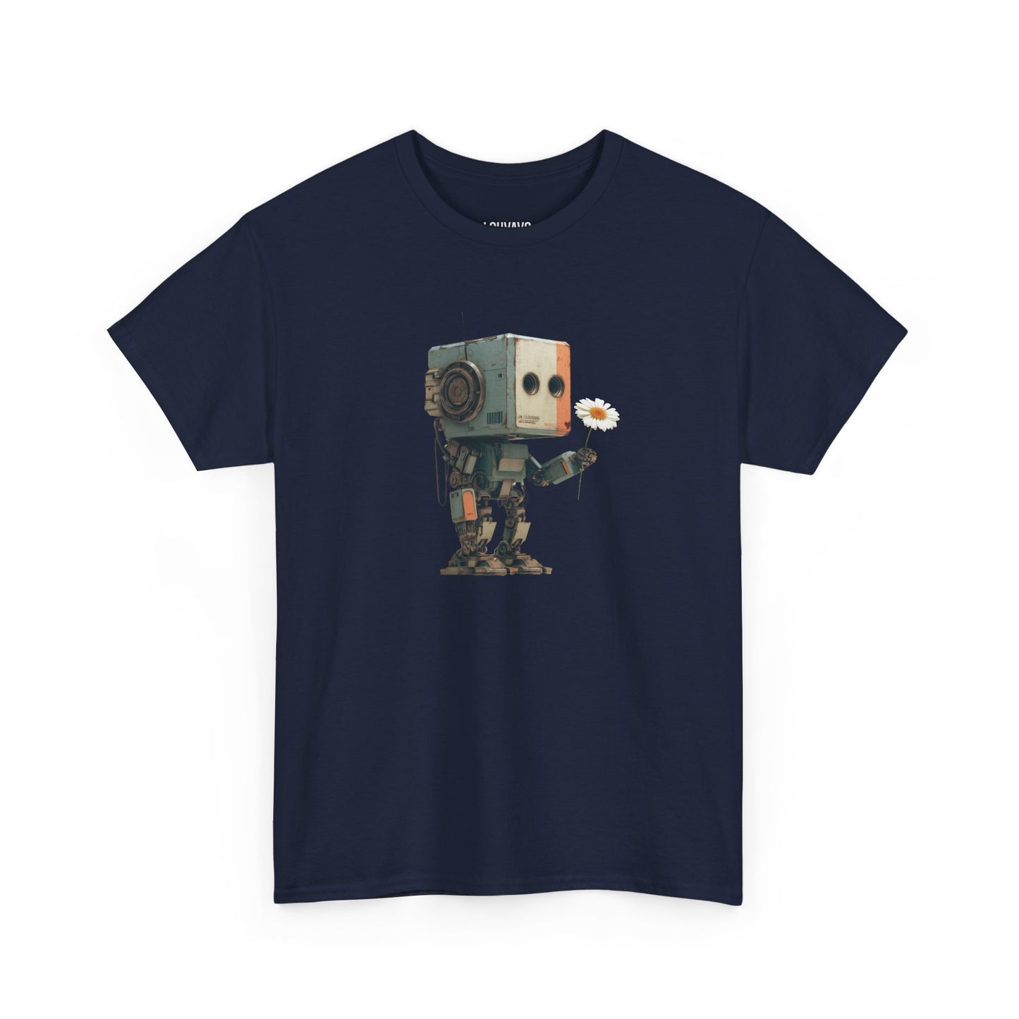 LOUVAVO Retro Robot with Daisy Graphic T-Shirt – Cute Futuristic Design Tee