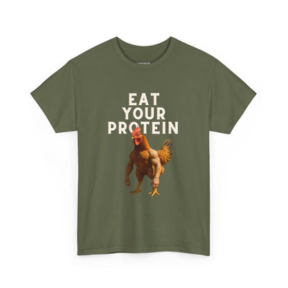 LOUVAVO Unisex Black T-Shirt – Eat Your Protein with Funny Rooster – Urban Casual & Fitness Style