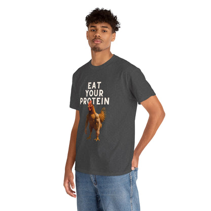 LOUVAVO Unisex Black T-Shirt – Eat Your Protein with Funny Rooster – Urban Casual & Fitness Style