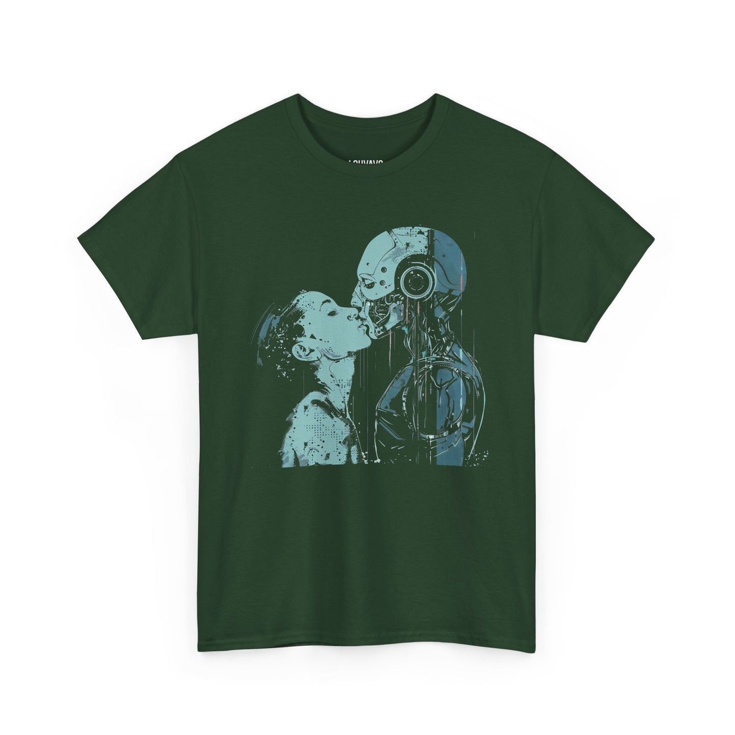 LOUVAVO Cyber Love T-Shirt  Futuristic Human and Robot Kiss Graphic Tee Urban Streetwear Sci-Fi Art Shirt for Men and Women