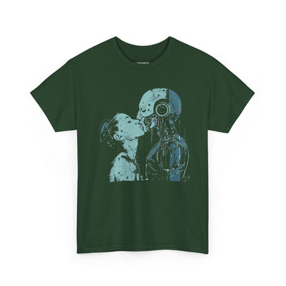 LOUVAVO Cyber Love T-Shirt  Futuristic Human and Robot Kiss Graphic Tee Urban Streetwear Sci-Fi Art Shirt for Men and Women