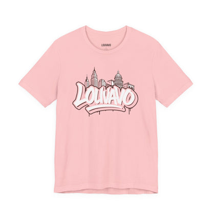 LOUVAVO Skyline Graffiti Unisex T-Shirt, Urban Streetwear Graphic Tee, Cityscape Design, Casual Gift