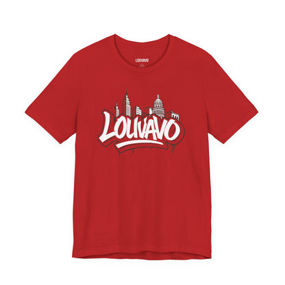 LOUVAVO Skyline Graffiti Unisex T-Shirt, Urban Streetwear Graphic Tee, Cityscape Design, Casual Gift