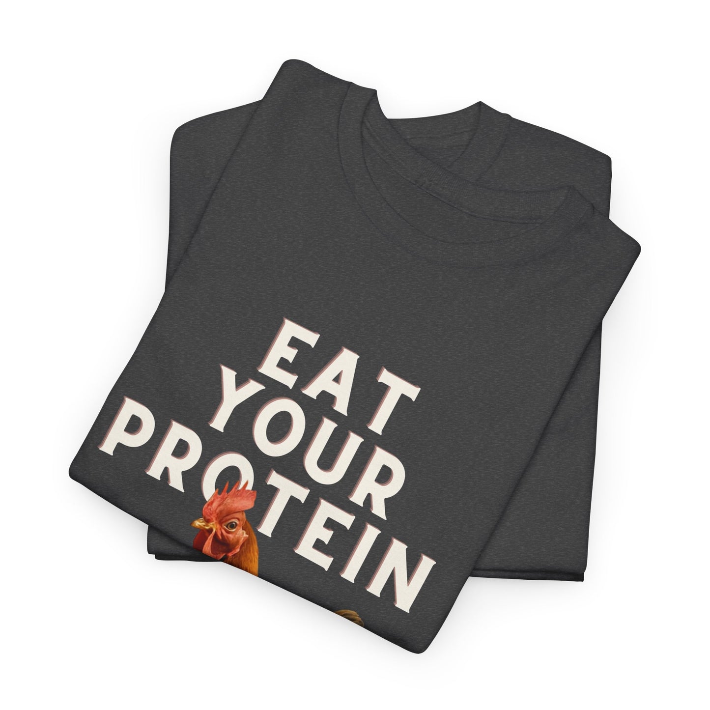 LOUVAVO Unisex Black T-Shirt – Eat Your Protein with Funny Rooster – Urban Casual & Fitness Style