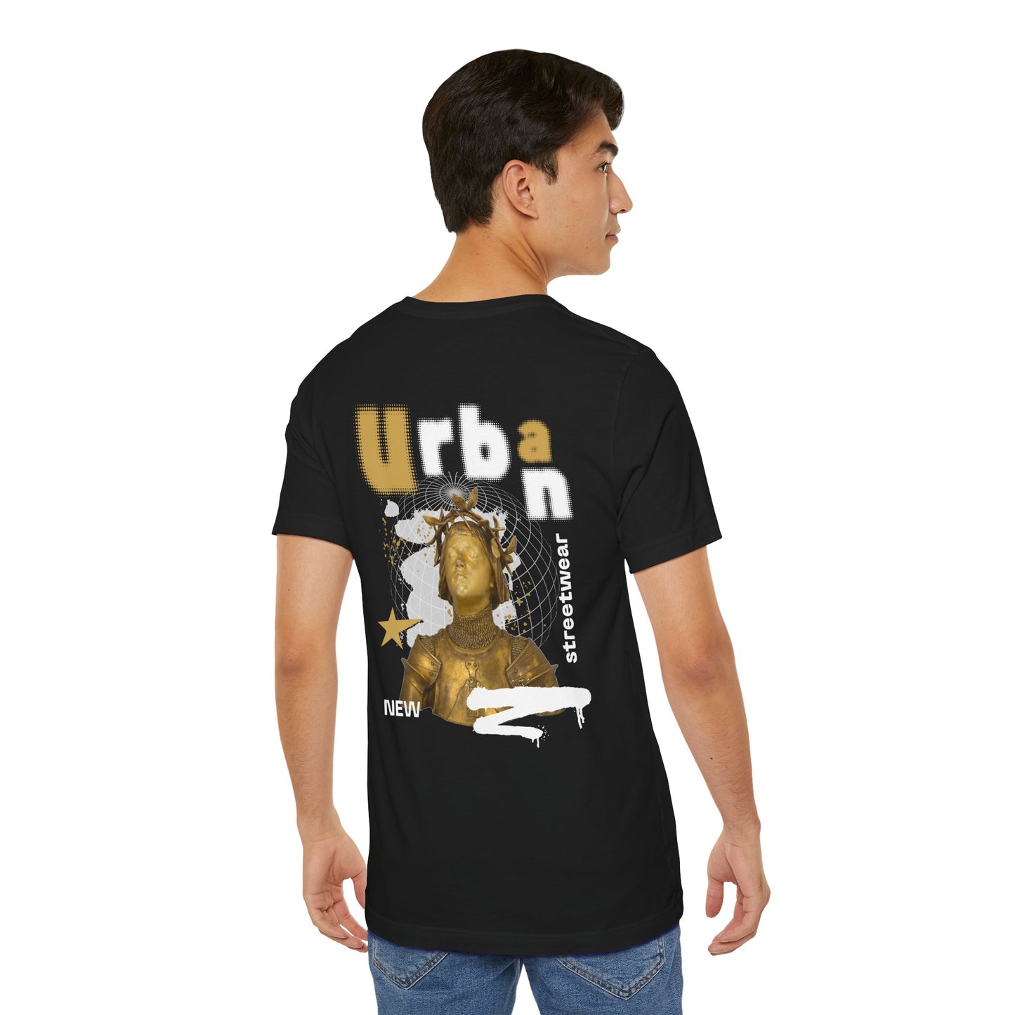 Urban Streetwear Graphic Tee - Gold Statue Art Print T Shirt - Black Unisex Casual Top