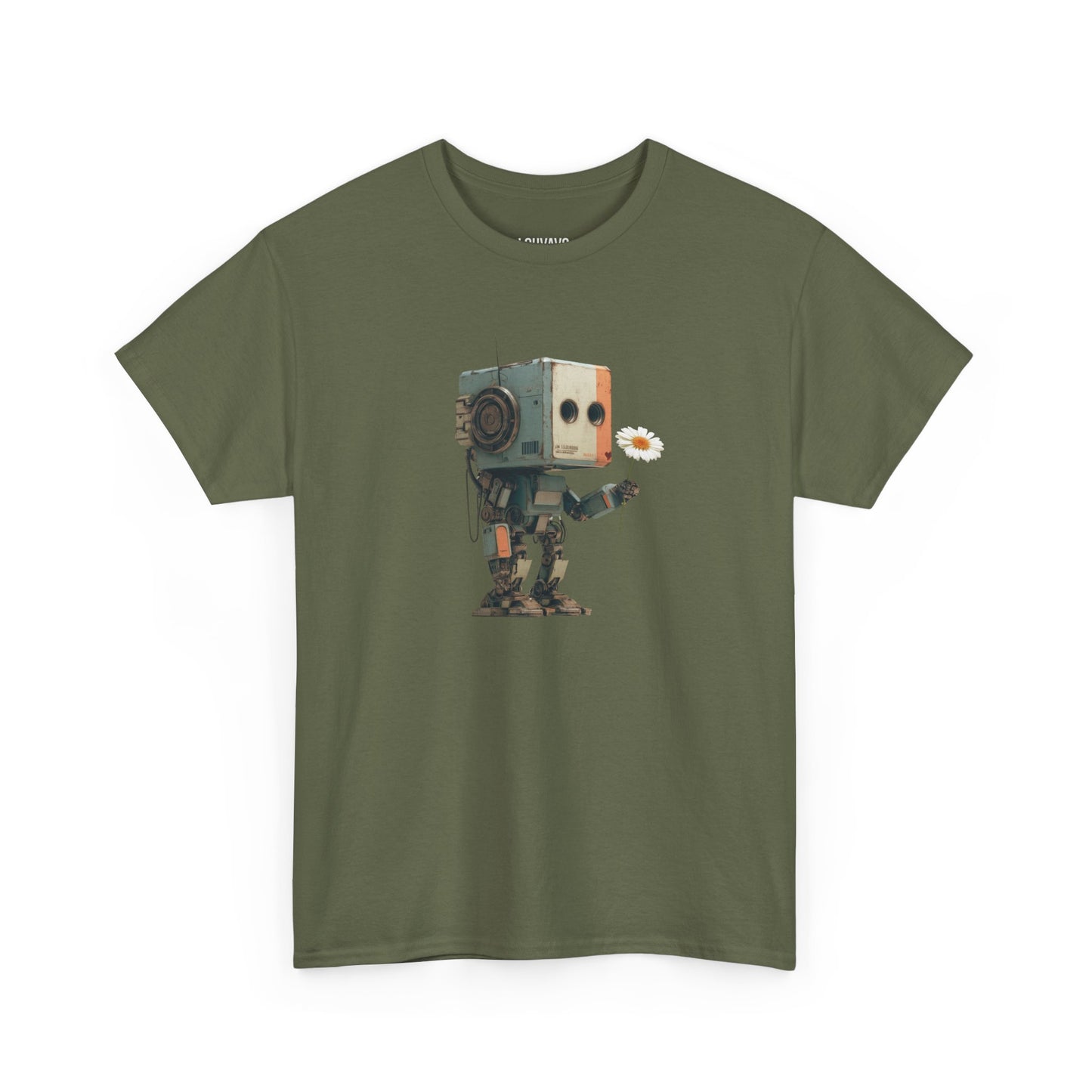 LOUVAVO Retro Robot with Daisy Graphic T-Shirt – Cute Futuristic Design Tee
