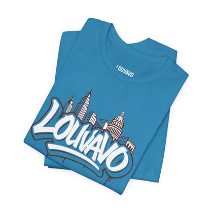 LOUVAVO Skyline Graffiti Unisex T-Shirt, Urban Streetwear Graphic Tee, Cityscape Design, Casual Gift