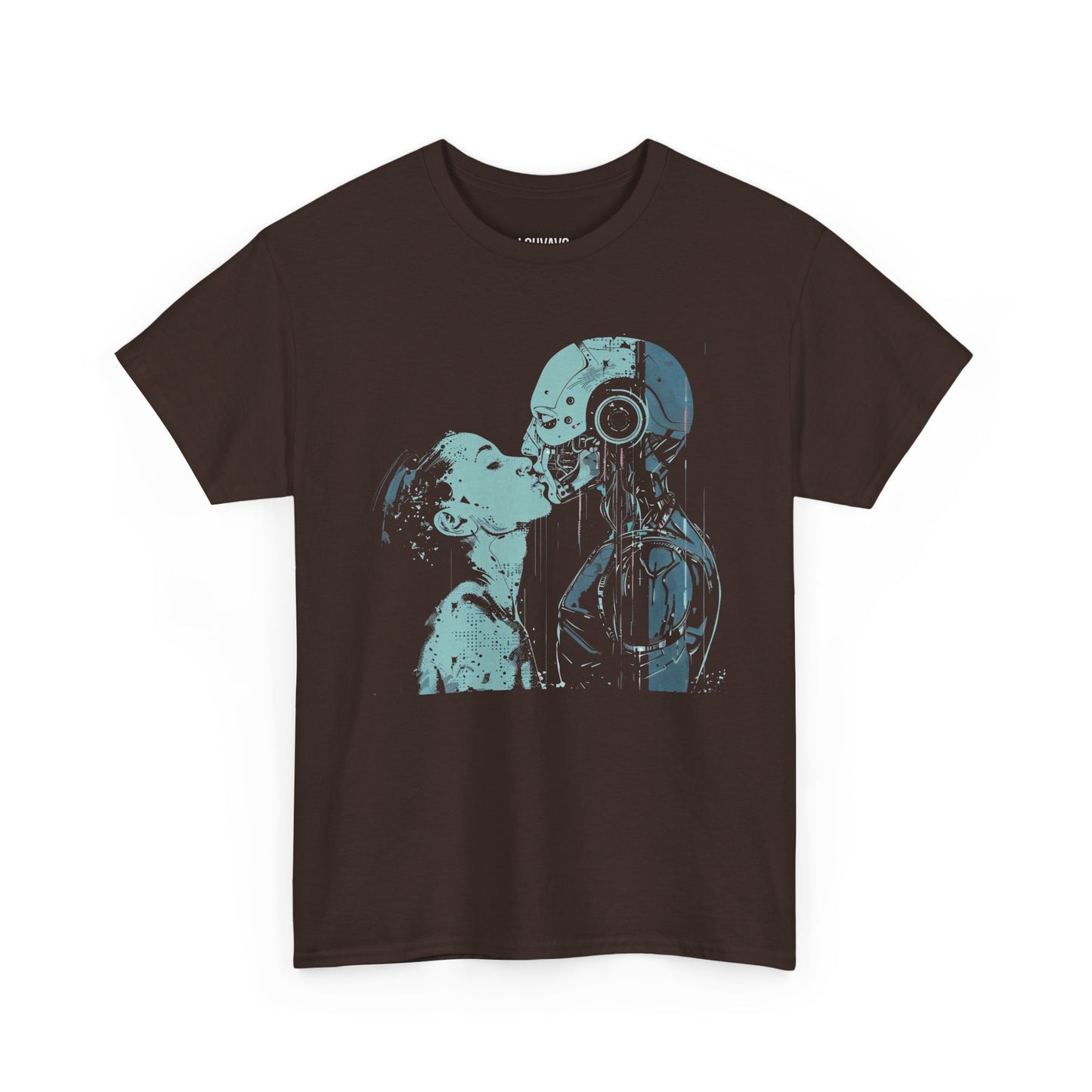 LOUVAVO Cyber Love T-Shirt  Futuristic Human and Robot Kiss Graphic Tee Urban Streetwear Sci-Fi Art Shirt for Men and Women