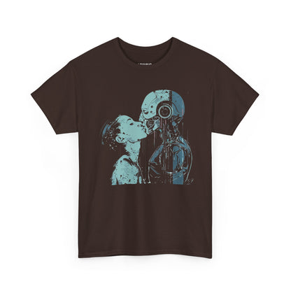 LOUVAVO Cyber Love T-Shirt  Futuristic Human and Robot Kiss Graphic Tee Urban Streetwear Sci-Fi Art Shirt for Men and Women