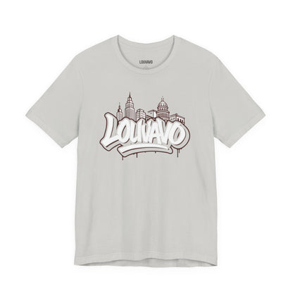 LOUVAVO Skyline Graffiti Unisex T-Shirt, Urban Streetwear Graphic Tee, Cityscape Design, Casual Gift